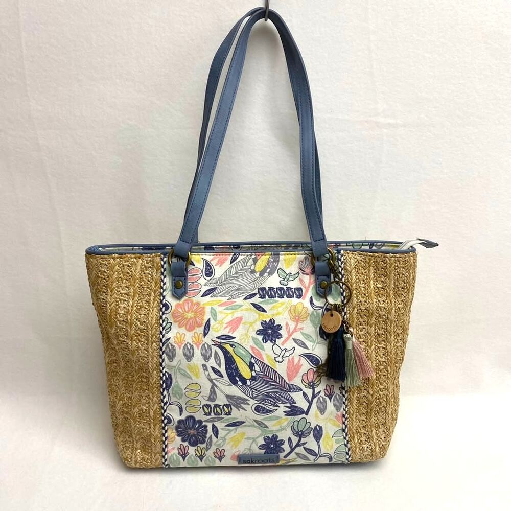 Sakroots Meadow Straw and Canvas Tote Floral Birds of Paradise Canvas Purse - Picture 2 of 9